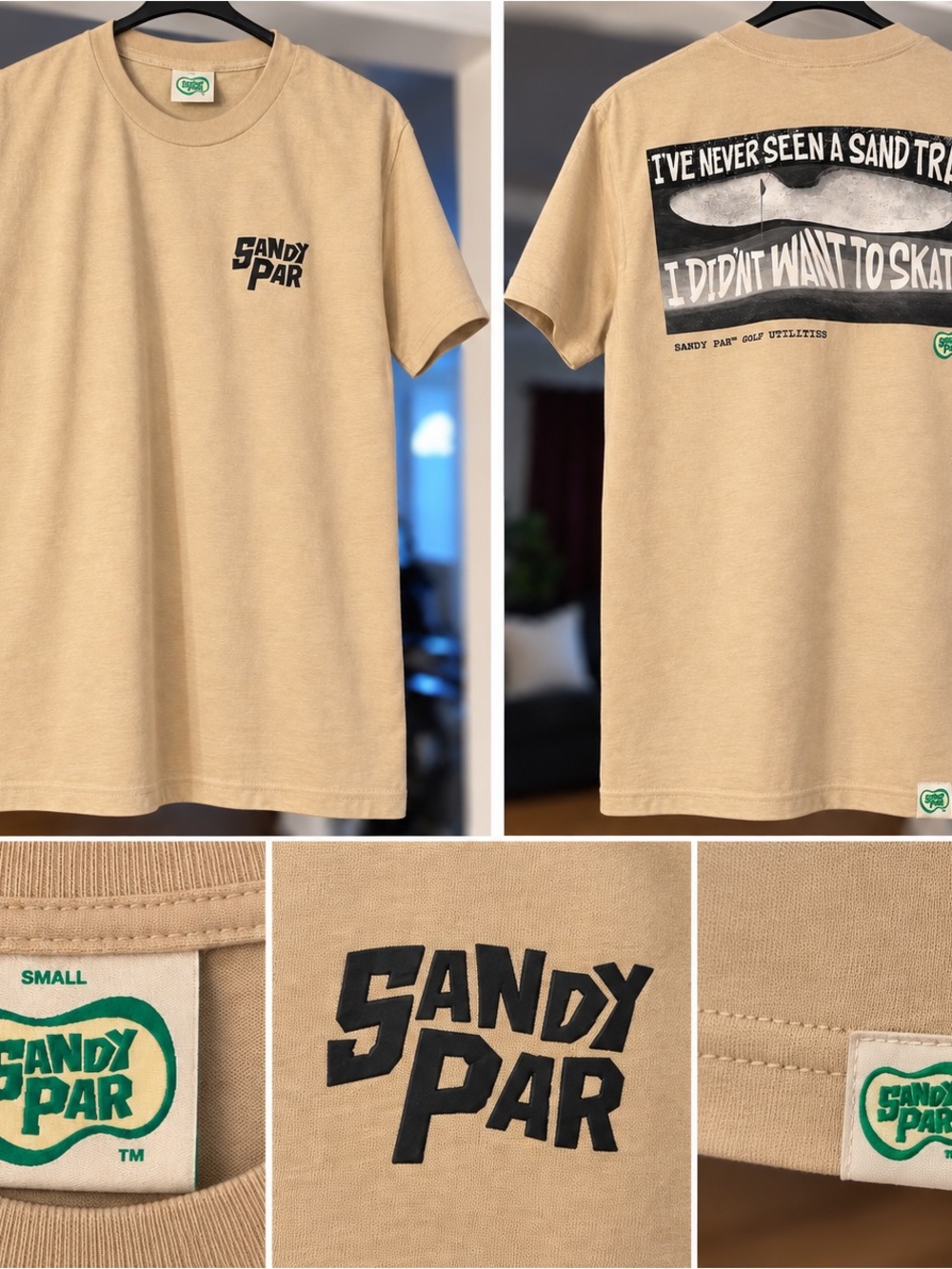 Sandy Par Men's Short Sleeve Tee in Tan with Skate Graphic